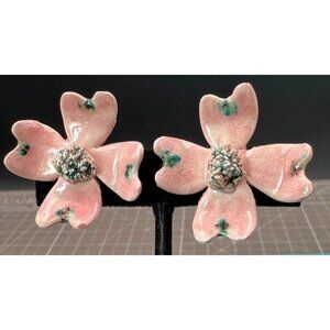 Vintage Copper Earrings Pink Enamel Dogwood Screw Back  1 3/8"